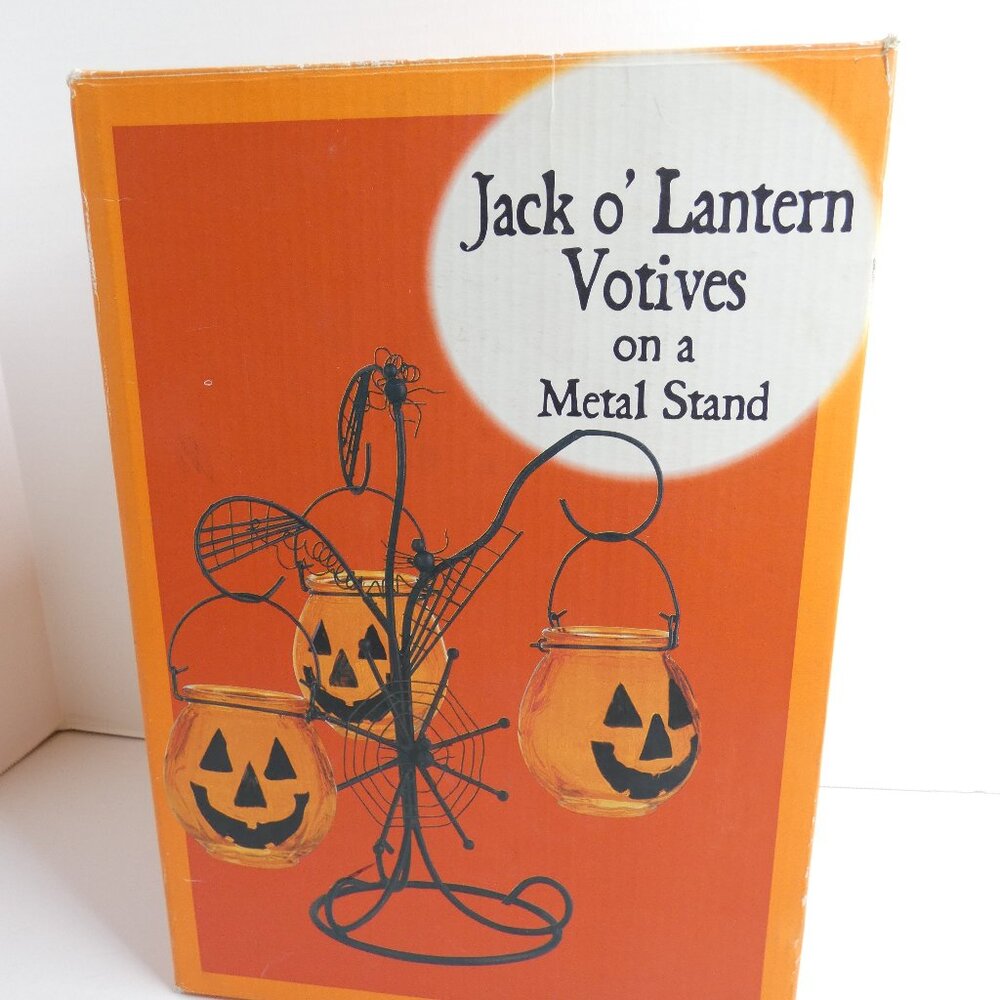 Jack o' Lantern Votives Black Metal Stand 3 Glass Pumpkins Box Halloween Decor